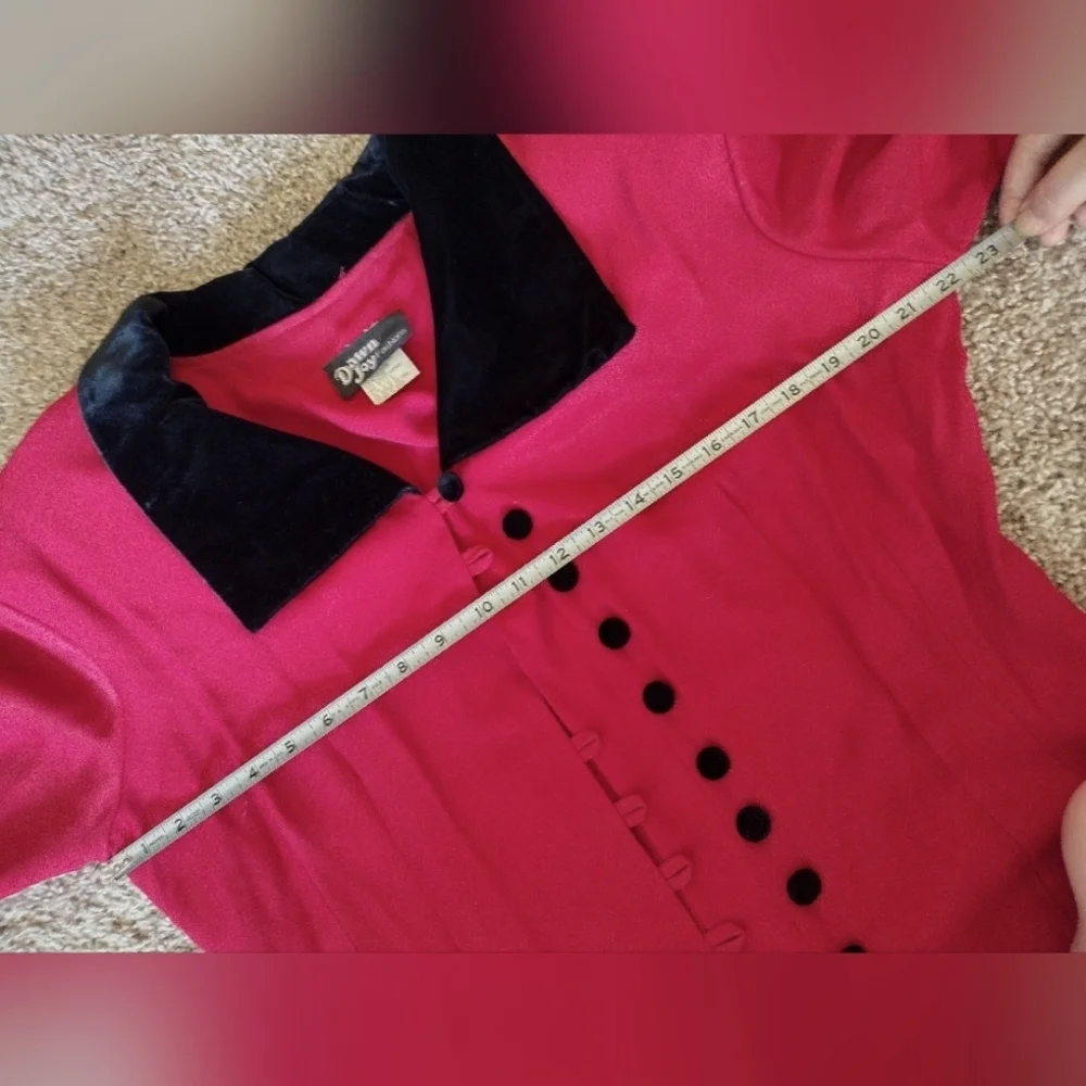 Dawn Joy Vintage Ruby Red Button Down Dress Velvet Accents - Picture 10 of 14